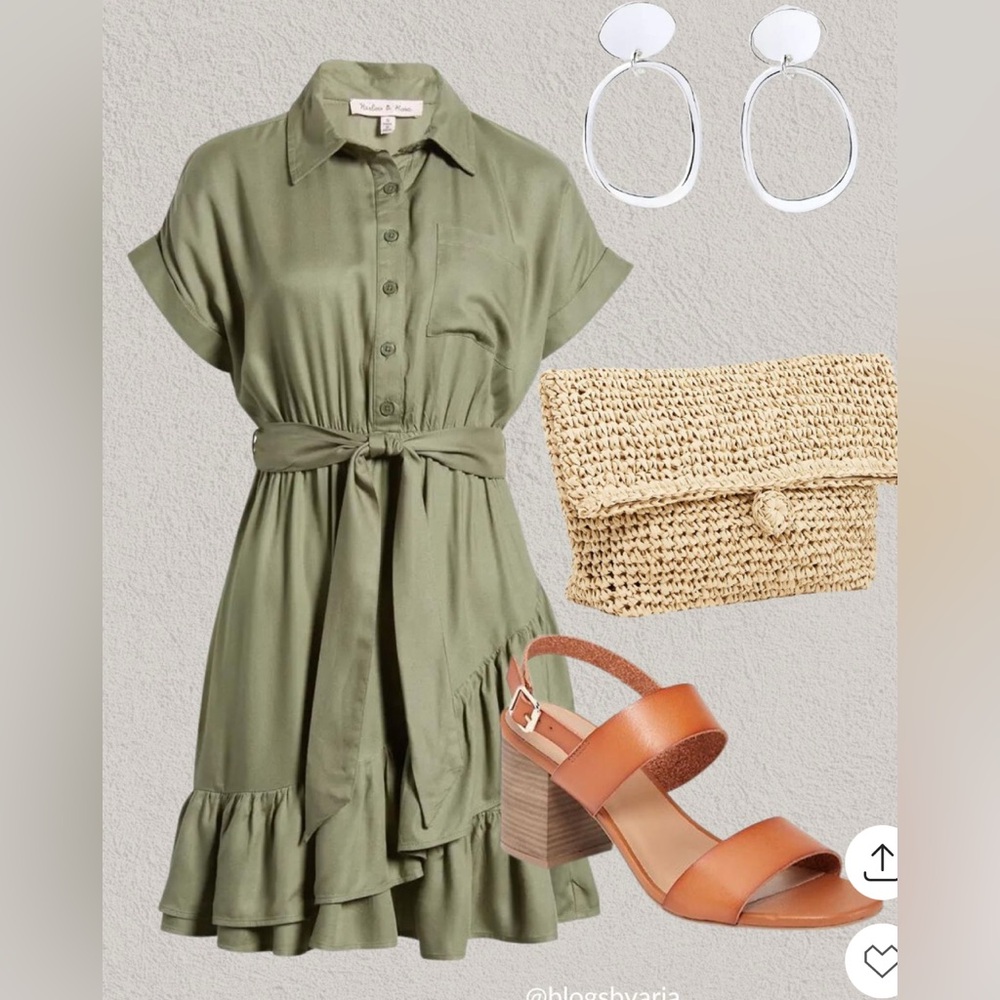 BOHO Patch Pocket Tie Waist Shirtdress Army green.Size M 100%Rayon.Used - Picture 4 of 9